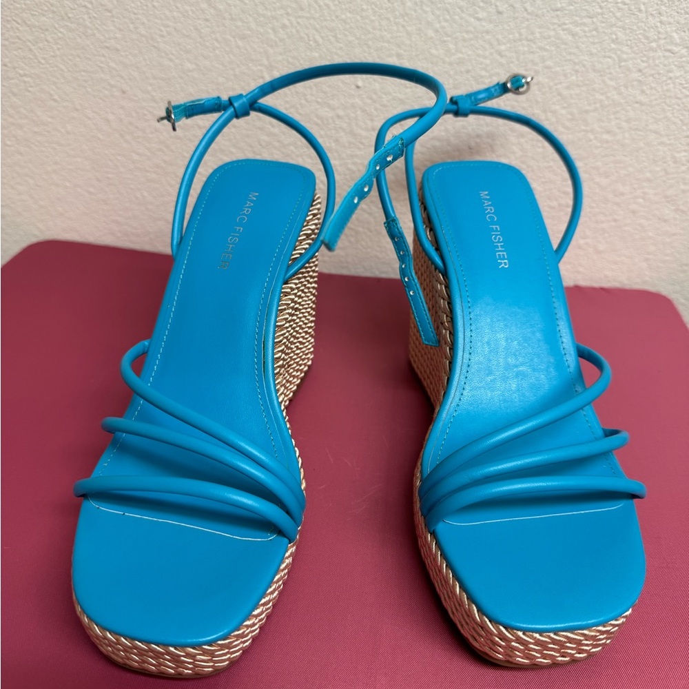 Marc Fisher Blue Wedges with Strappy Design and Ankle Strap